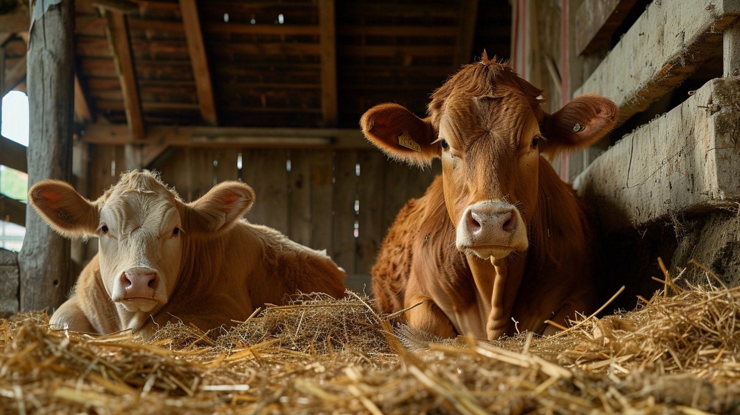 A cow with a newborn calf in a barn