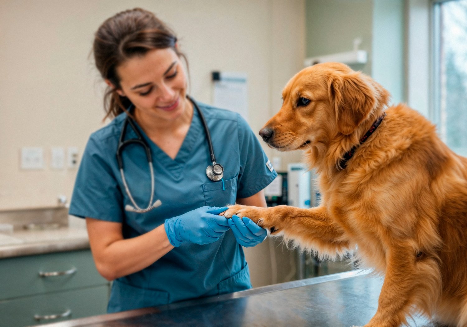 A vet discussing a dog's and a cat's treatment with an owner