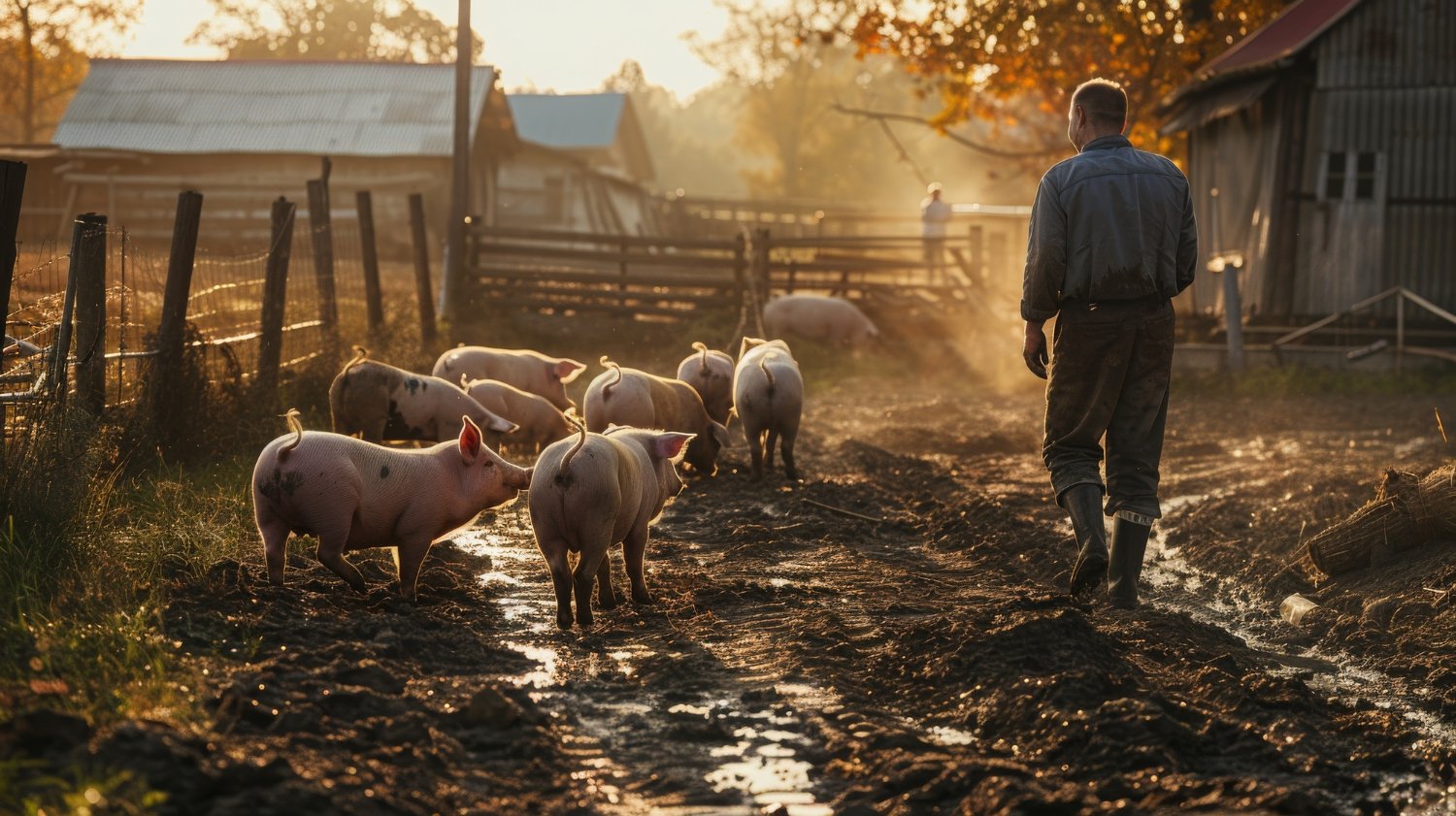 Farmer walking through a muddy pen with pigs